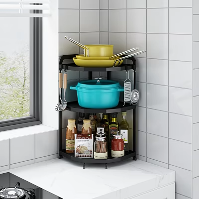 Black Bathroom Corner Cabinet Rack With Multi Tiered Storage And White Tiled Wall Near Window 3d model