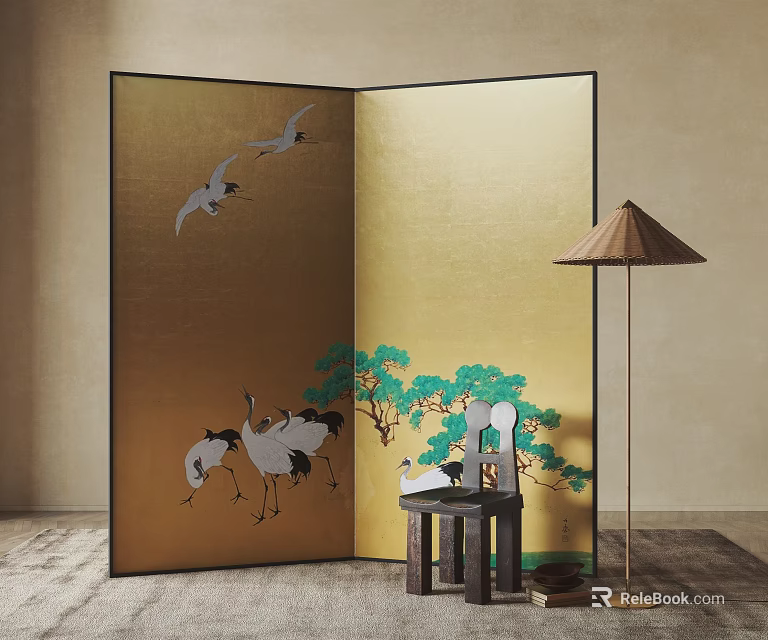 Decorative Golden Room Divider With Cranes And Pine Tree Patterns 3d model