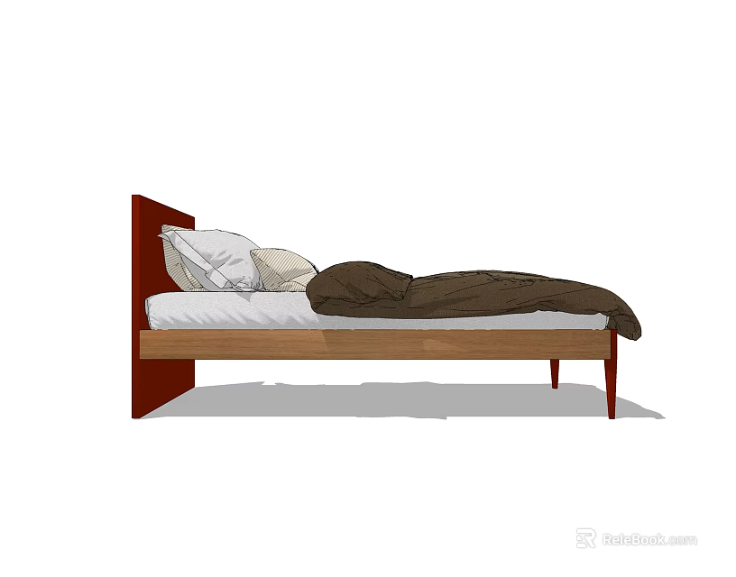 Modern Single Bed with Red Headboard Wooden Frame White Pillows and Brown Comforter 3d model
