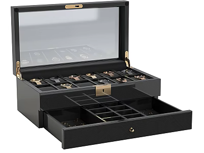 Black Jewelry Display Cabinet With Transparent Glass Lid Multiple Compartments And Drawer For Jewelry Storage 3d model