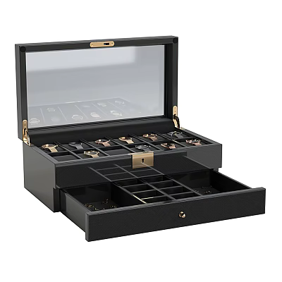 Black Jewelry Display Cabinet With Transparent Glass Lid Multiple Compartments And Drawer For Jewelry Storage 3d model