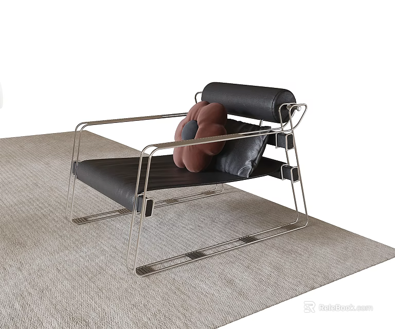 Minimalist Leisure Chair With Black Leather Silver Metal Frame And Pink Pillow On Light Carpet 3d model 