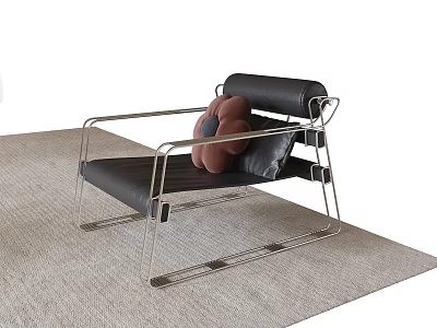 Minimalist Leisure Chair With Black Leather Silver Metal Frame And Pink Pillow On Light Carpet 3d model