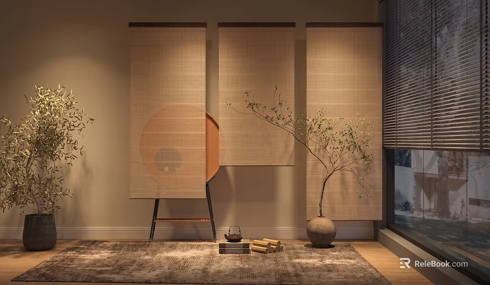 Elegant Japanese Bamboo Curtains in Interior with Potted Plant Tea Set and Rug 3d model 