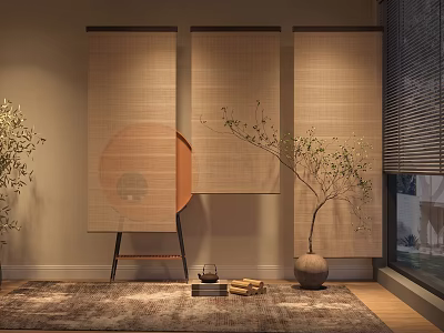 Elegant Japanese Bamboo Curtains in Interior with Potted Plant Tea Set and Rug 3d model