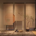 Elegant Japanese Bamboo Curtains in Interior with Potted Plant Tea Set and Rug