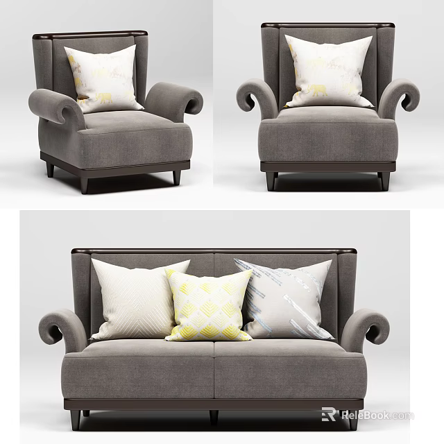 Gray Two Seater Sofa With Curved Arms And Decorative Patterned Pillows 3d model