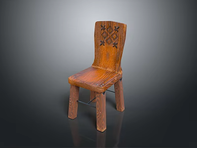 Vintage Solid Wood Single Chair With Carved Backrest And Natural Wood Grain 3d model