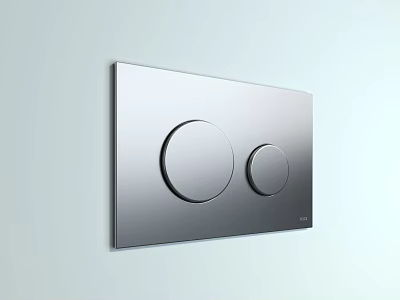 Silver Switch Panel With Two Round Buttons Mounted On Light Colored Wall 3d model