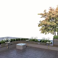 Modern Minimalist Outdoor Patio Seating Set With Table Green Plants And Gray Floor Tiles