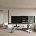Modern Living Room Interior With White Curved Sofa Green Marble TV Wall And Area Rug