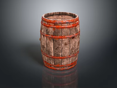 Rustic Wooden Barrel With Red Metal Hoops For Home Living Supplies 3d model