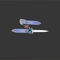 Blue And White Dual Swords With Copper Accents Intricate Patterns And Central Blue Glowing Ring
