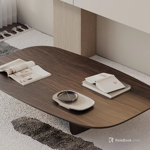 Elegant Sofa And Wooden Coffee Table Set With Books Tray Clock On Carpeted Floor 3d model 