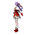 Woman with purple twin ponytails wearing red gold dress white fur trim red gloves boots