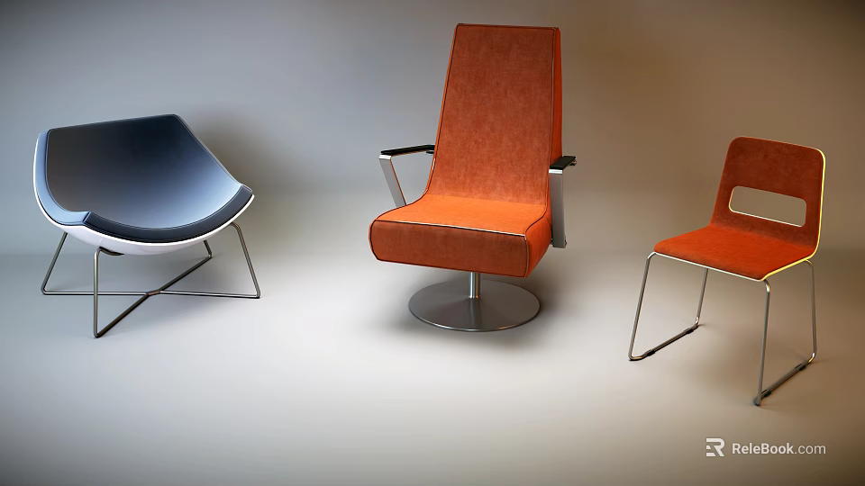 Modern Single Chair Collection Featuring Orange Blue Upholstery And Metal Frame Designs 3d model 