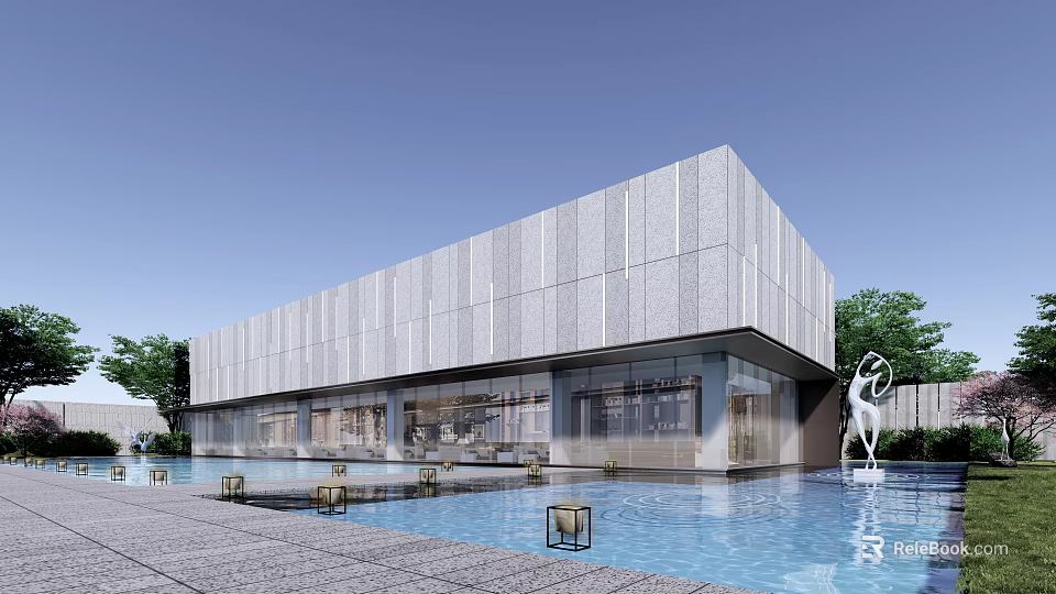 Modern Sales Office Building Exterior with Stone Facade Glass Walls Water Pool and Sculpture 3d model 