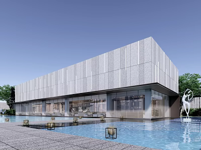 Modern Sales Office Building Exterior with Stone Facade Glass Walls Water Pool and Sculpture 3d model
