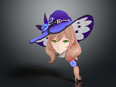 Fantasy Anime Girl With Purple Hat Blue Flower Lace Trim Blonde Hair Green Eyes 3d model