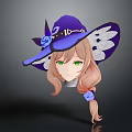 Fantasy Anime Girl With Purple Hat Blue Flower Lace Trim Blonde Hair Green Eyes
