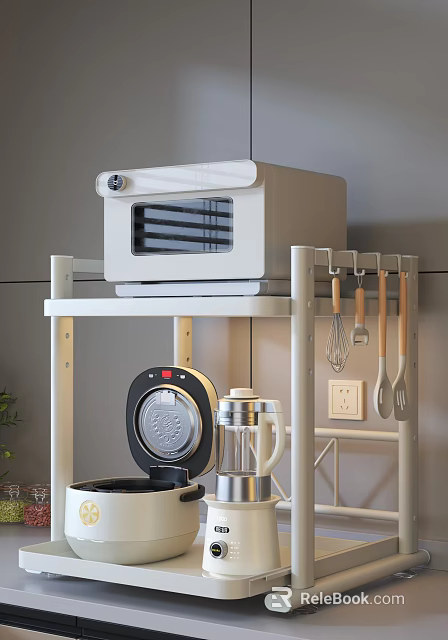 Modern Kitchenware with Microwave Oven Electric Griddle and Kettle on Storage Shelf with Hanging Rack 3d model 