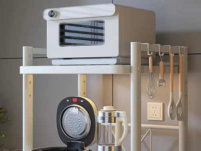 Modern Kitchenware with Microwave Oven Electric Griddle and Kettle on Storage Shelf with Hanging Rack 3d model