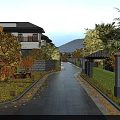 Garden Landscape With Stone Path Green Plants Yellow Leaf Trees Chinese Houses Mountains And Clear Sky