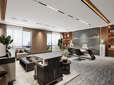 Modern Office Interior Design With Large Windows City View Wooden Furniture And Green Plants 3d model