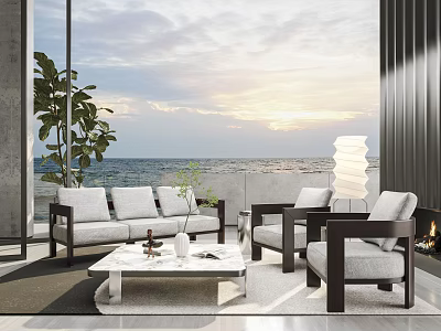 Modern Living Room Sofa And Coffee Table Set With Ocean View Sunset And Green Plant 3d model