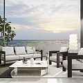 Modern Living Room Sofa And Coffee Table Set With Ocean View Sunset And Green Plant