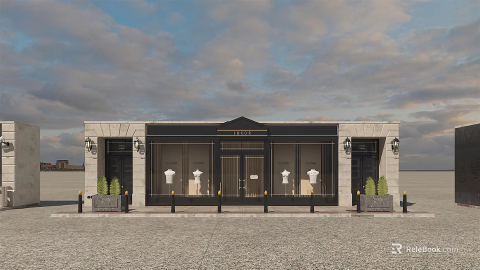 Modern Mall Shop Exterior With Black Facade White Mannequins And Green Plants 3d model 