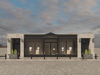 Modern Mall Shop Exterior With Black Facade White Mannequins And Green Plants 3d model