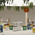 Natural Wood Kids Tables With Cute Colorful Seats For Bright Plant Decorated Children Activity Space