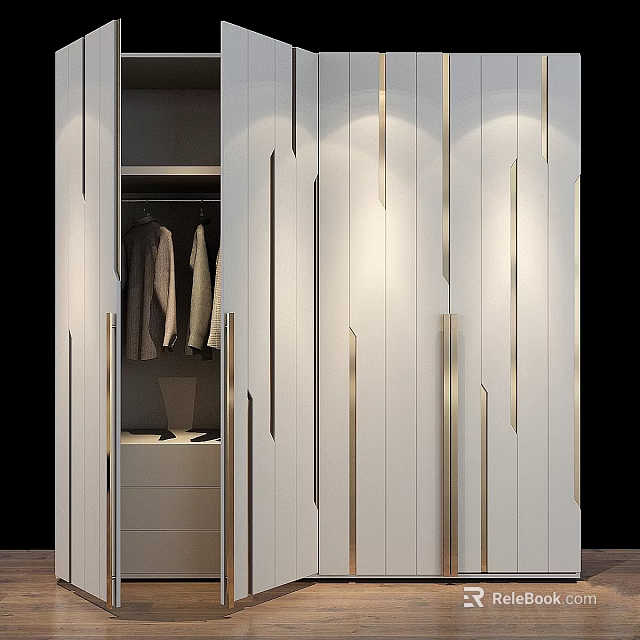 Modern White Dresser With Golden Lines Drawers And Open Wardrobe Hanging Coats 3d model 