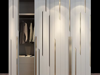 Modern White Dresser With Golden Lines Drawers And Open Wardrobe Hanging Coats 3d model