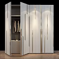 Modern White Dresser With Golden Lines Drawers And Open Wardrobe Hanging Coats