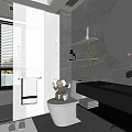 Modern Black Bathroom Interior With Large Mirror Recessed Lights And Floating Vanity