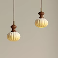 Pumpkin Shaped Pendant Lights With White Shades And Wooden Tops In Minimalist Design