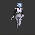 Anime Character With Blue Hair White Bodysuit Green And Black Accents On Dark Background