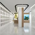 Exhibition Hall Interior With White Display Shelves Long Corridor Aquarium Glass Walls And Sleek Floor