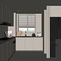 Modern Kitchen Interior Design Featuring Light Colored Cabinets Black Countertops Black Refrigerator And Window Blinds