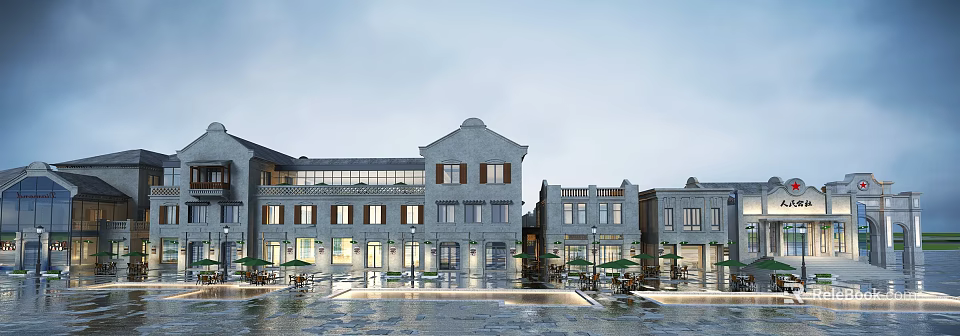 European Style Commercial Street With Outdoor Seating And Classic Architecture And Shop Fronts 3d model 