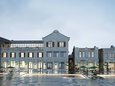 European Style Commercial Street With Outdoor Seating And Classic Architecture And Shop Fronts 3d model