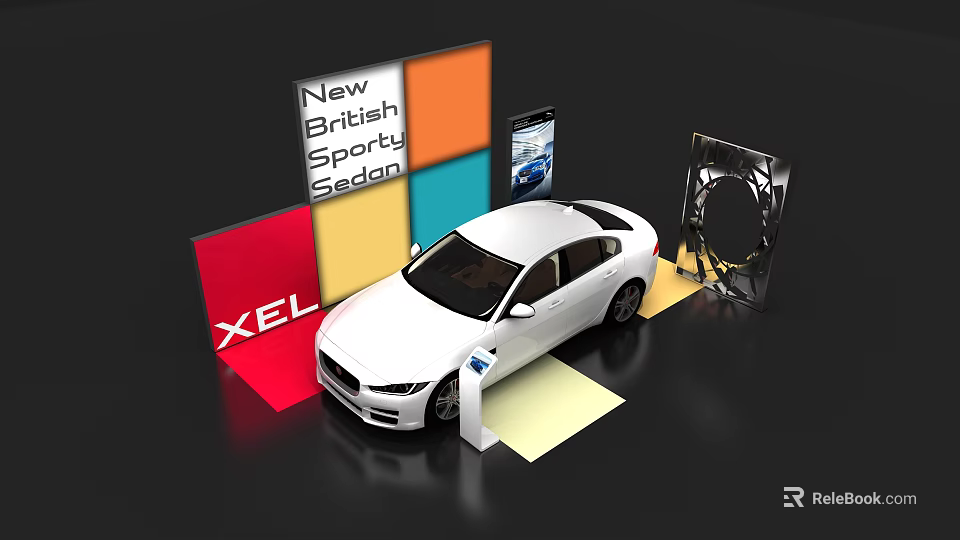 Modern Colorful Display Shelves With White British Sporty Sedan XEL Car Showcase 3d model 