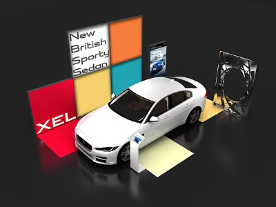 Modern Colorful Display Shelves With White British Sporty Sedan XEL Car Showcase 3d model