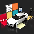 Modern Colorful Display Shelves With White British Sporty Sedan XEL Car Showcase