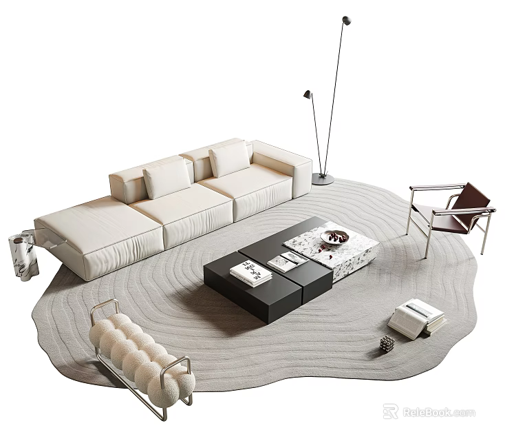 Modern White Sofa And Black Coffee Table Set With Light Gray Rug Chair Floor Lamp 3d model 