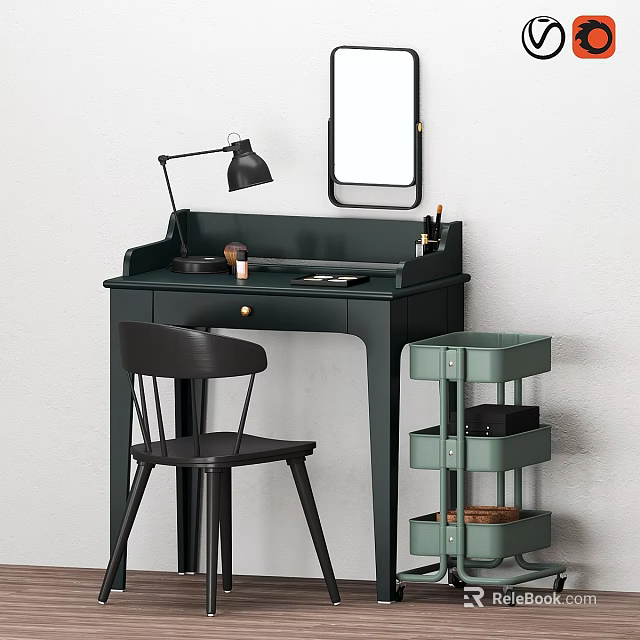 Dark Green Dressing Table With Mirror Table Lamp Makeup Items Drawer And Storage Shelf 3d model