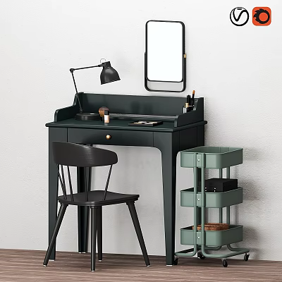 Dark Green Dressing Table With Mirror Table Lamp Makeup Items Drawer And Storage Shelf 3d model