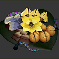 Decorative Plant Display Featuring Green Leaf Yellow Flower Orange Fruits Butterflies And Colorful Braided Rope